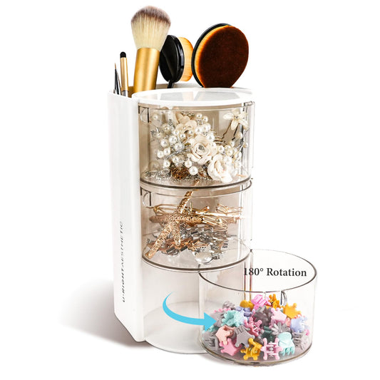 WCHOSOZH 3-Tier Clear Hair Accessories Organizer with Hair Brushes Holder, Rotatable Drawer Makeup Sponge Holder Desktop Organizer Case for Makeup Brush Lipsticks Q-tip Cotton Swab Stationery (White)