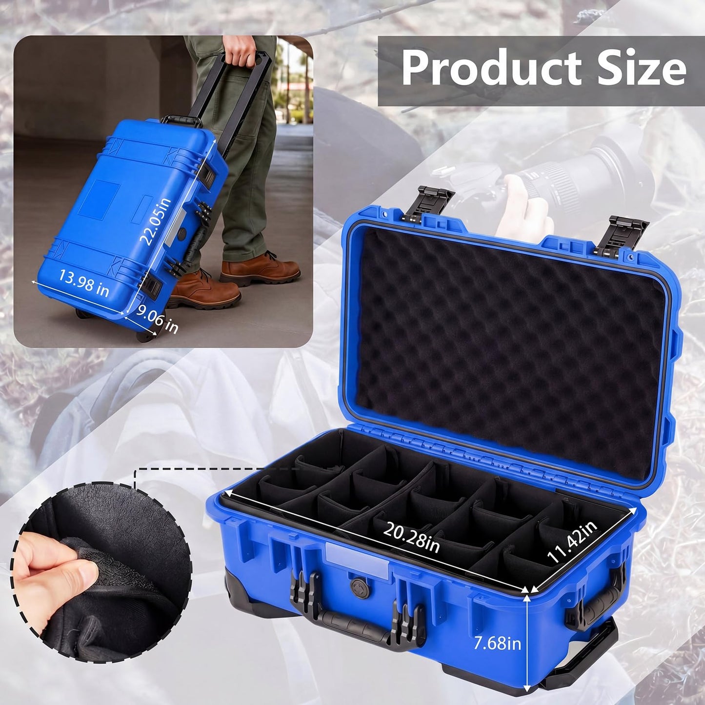 Relaxweex Rolling Camera Hard Case with Padded Dividers & Wheels, Impact-resistant Hard Shell Travel Case for Cameras, Lenses & Accessories(22 x 14 x 9 Inch,Blue)