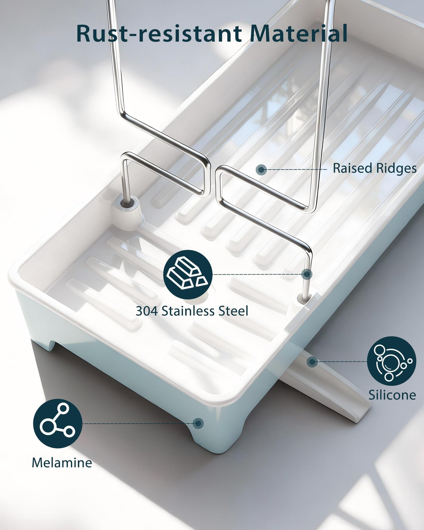 Caumic Minimalist Sink Caddy, Rustproof Sponge Holder for Kitchen Sink with 304 Stainless-Steel Brush Holder, Countertop Rack Organizer with Raised Ridges & Silicone Drain Tube (Pastel Blue, Large)