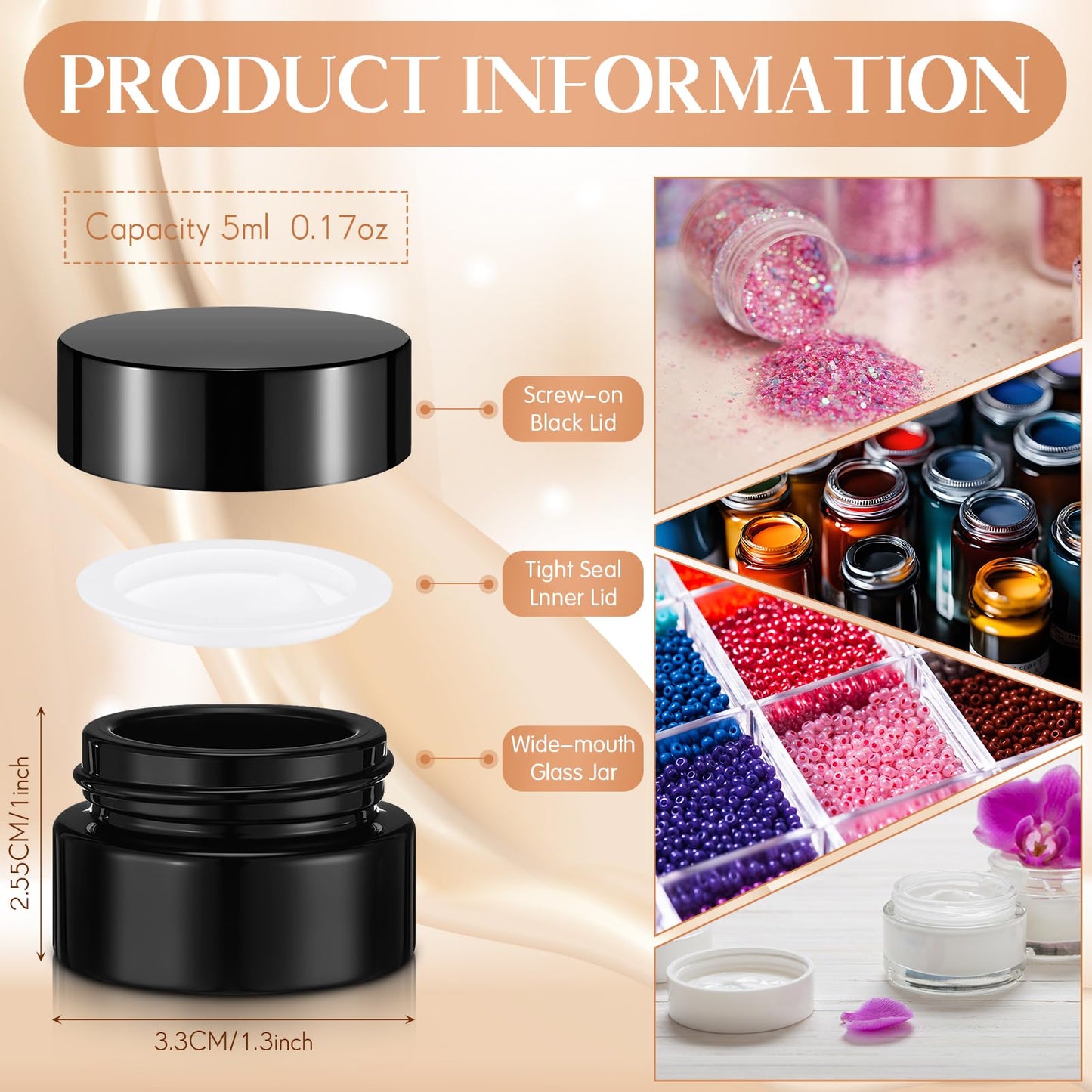 Norme 120 Pack Black Bulk 5ml Glass Jars Leakproof Inner Liners & Lids 5 Gram Refillable Cosmetic Sample Lip Balm Container 5g UV Protection Travel Empty Jar for Skincare (Classic Lid)