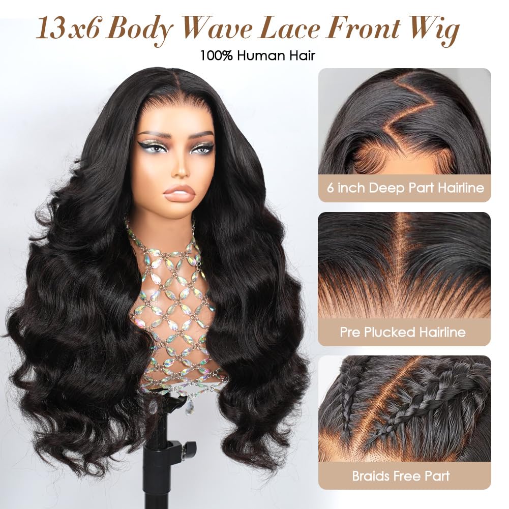 Yamikk 13x6 Body Wave Lace Front Wigs Human Hair Pre Plucked Pre Bleached 180 Density Soft Human Hair Wigs For Women 28 Inch HD Lace Frontal Wig With Baby Hair