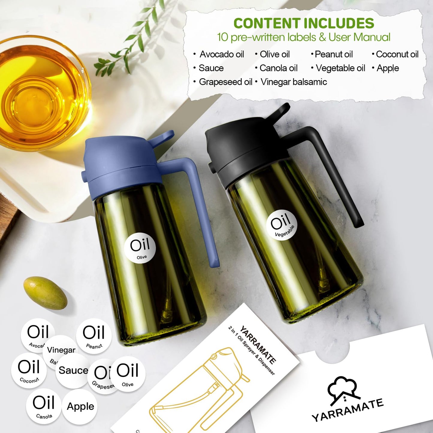 YARRAMATE 2Pcs 16oz/470ml Dark Green Oil Sprayer for Cooking with Stickers, Food-grade Premium 2 in 1 Olive Oil Dispenser Bottle for Kitchen Gadgets, Air Fryer, Salad, Frying, BBQ (Black&Navy)
