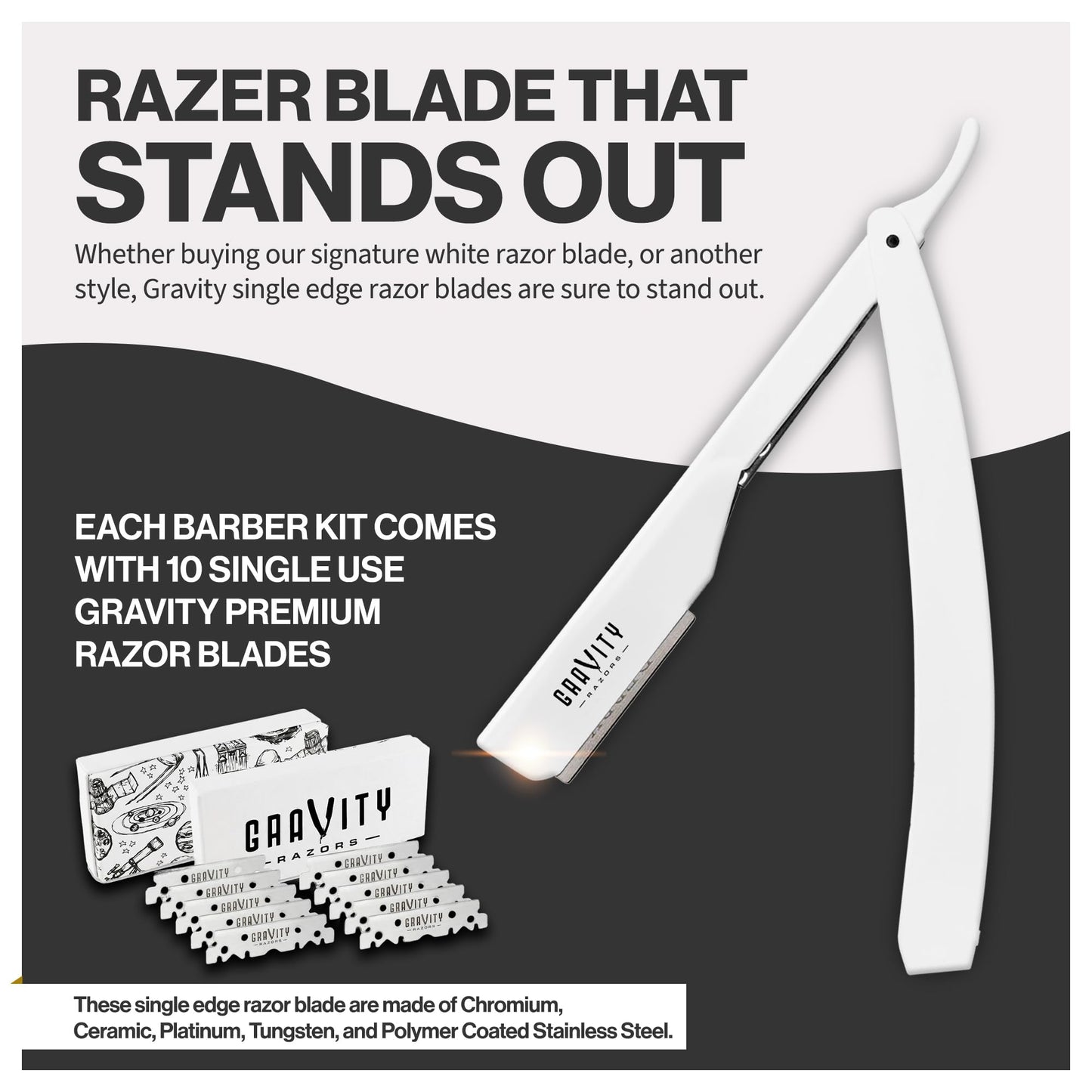Gravity Razors Professional Straight Razor - Ultra Exposed Straight Razor Kit with 10 Gravity Premium Blades, 2mm Exposed (Apollo13)