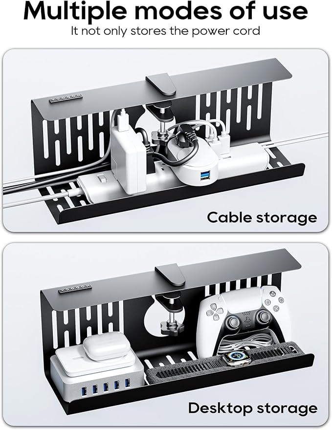 NODOCA No Drill Under Desk Cable Management Tray, 14'' Wire Management, Punch-Free Clamp on, Metal Cable Tray, Wire Organizer Under Desk, Under Desk Basket for Office and Home, Black