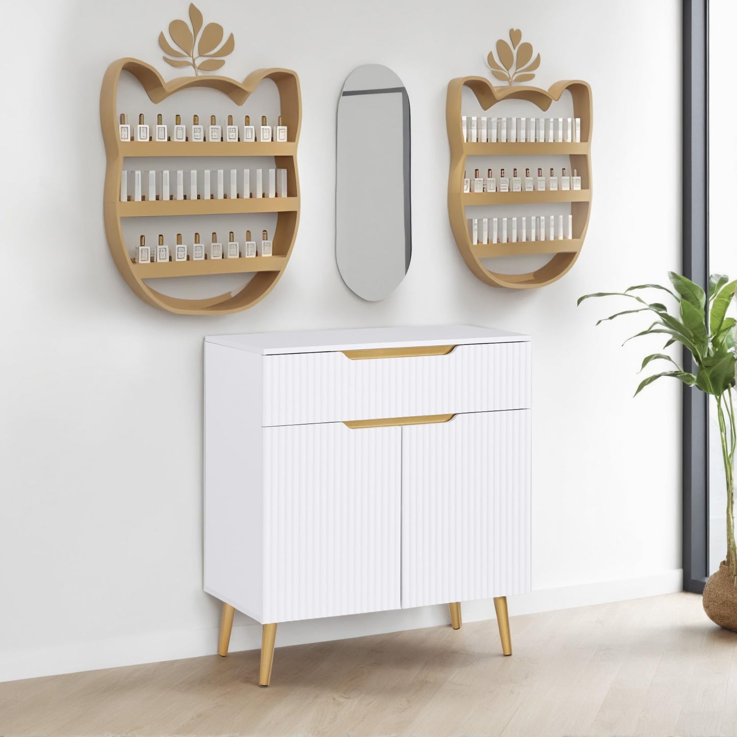 BarberPub Barber Station with Drawer & Cabinet, Beauty Salon White Storage Organizer with Concave Fluted Wall, Modern SPA Freestanding Equipment 3196 (White)