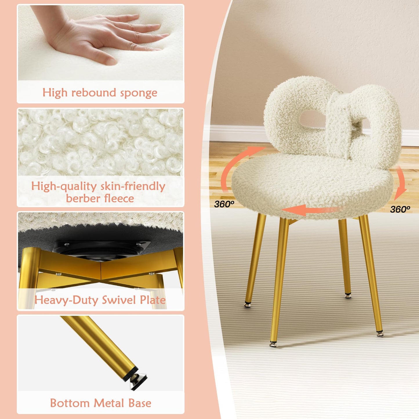 ROOMTEC Vanity Chair with Back, Swivel Makeup Chair with Upholstered and Golden Metal Legs for Living Bedroom and Makeup Room, Off-White