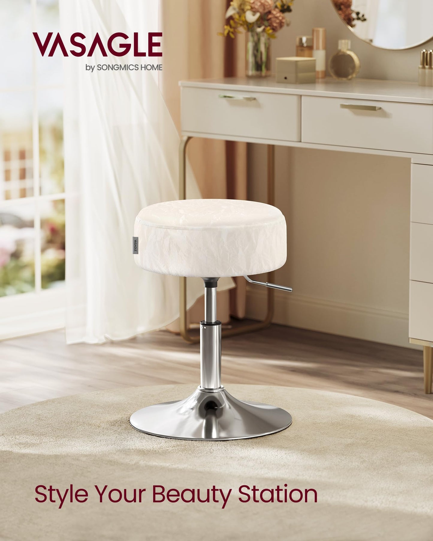 VASAGLE Adjustable Bar Stool, 360° Swivel, PU Leather, Thick Cushion, for Kitchen, Dining Room Bedroom, Modern, Cream White
