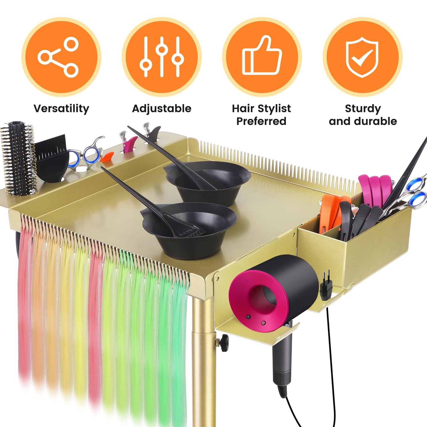 Salon Señor Multi-Function Salon Tray,Extension Hair Cart,Hairstylist Rolling Cart with Storage Platform and Hair Separator Stand,Gold