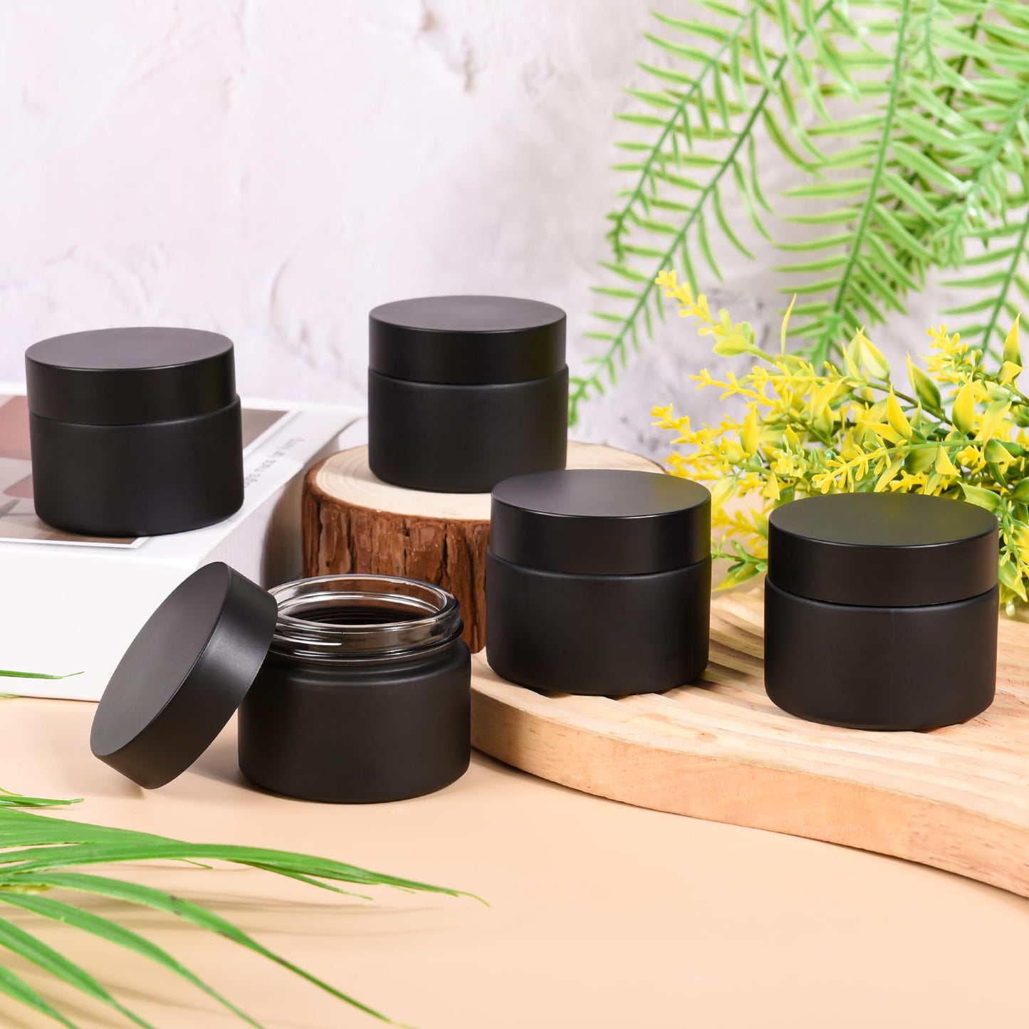 BILLIONSTARS 50g Black Frosted Glass Cream Jars with Black Lid - Airtight Cosmetic Containers for Face Cream, Body Lotion, DIY Skincare Packaging, BPA-Free (Set of 24) (Black Frosted, 1.7oz)