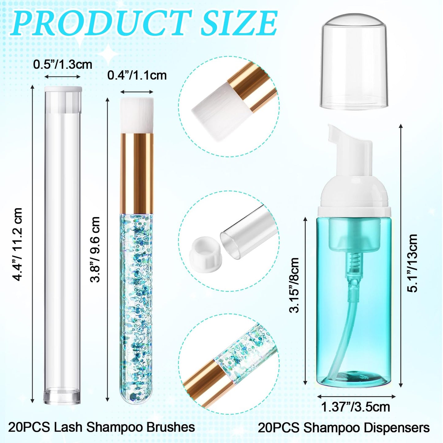 Zhehao 80 Pcs Lash Shampoo Bottle Brushes Kit 20 Foam Pump Dispensers 20 Lash Shampoo Brushes 20 Eyelash Aftercare Bag 20 Cleaning Pipes, Eyelash Extension Supplies(Blue)
