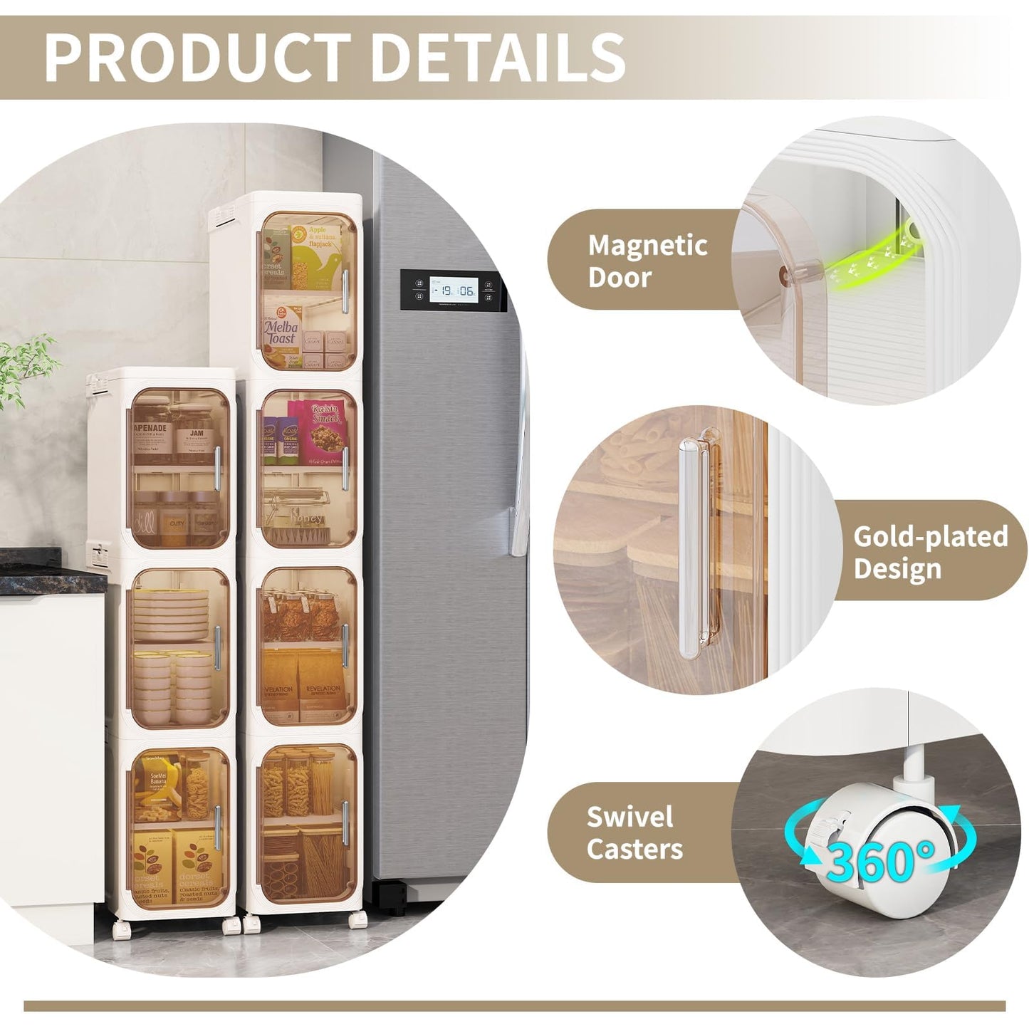 Neathub 3 Tier Slim Bathroom Storage Cabinet, Foldable and Movable, Beige
