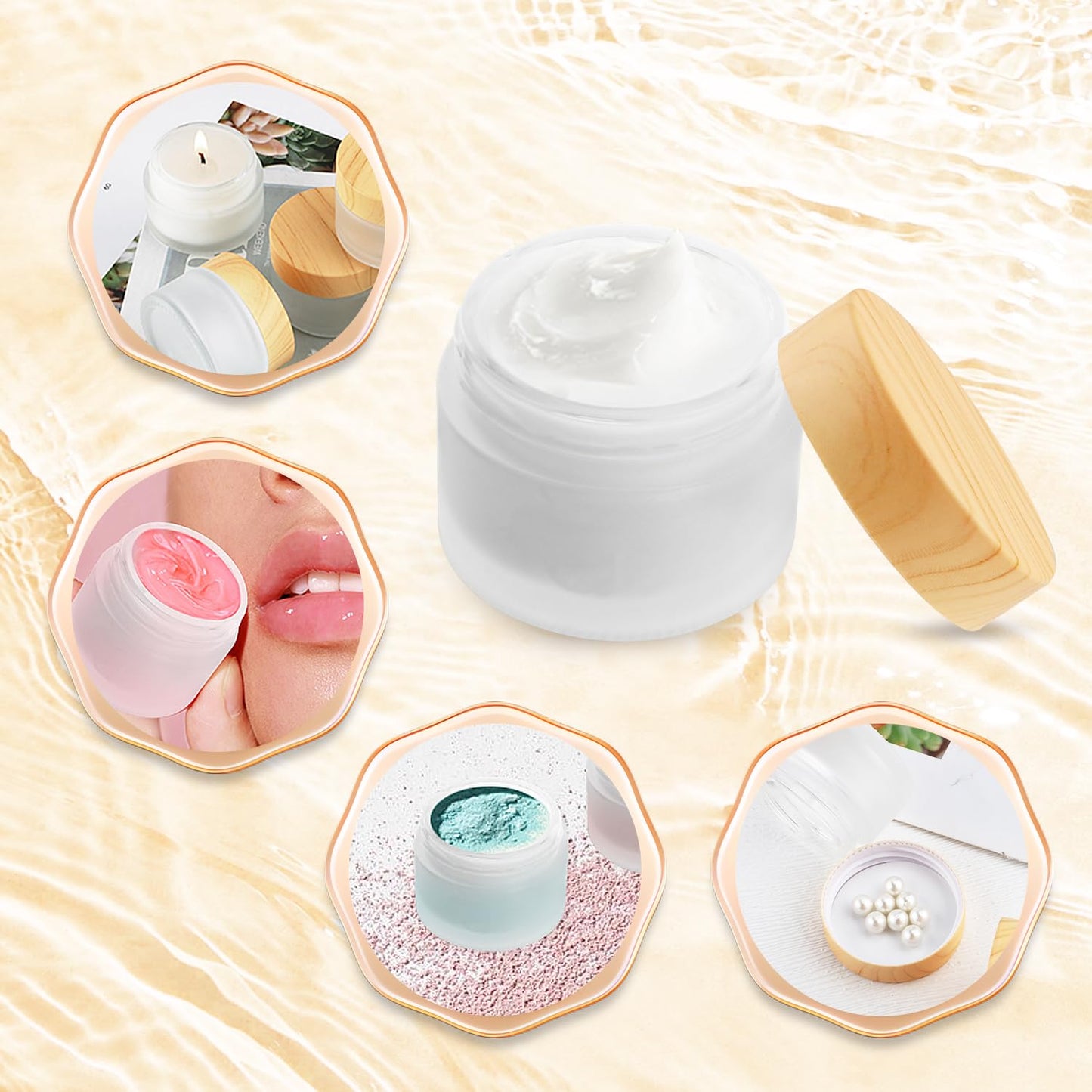 BOSMIOW 10 PCS 30g/1oz Empty Frosted Glass Cream Jars with Wooden Lid and 4 Spatula,Round Cosmetic Containers,Refillable Makeup Bottles for Lotion,Ointment,Moisturizer,Gel,Mud Mask
