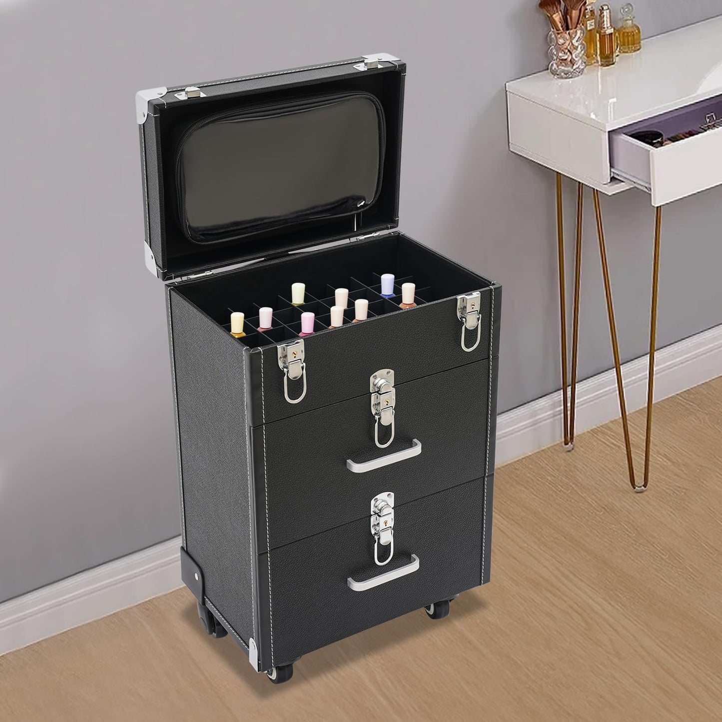 FLYHERO Professional Makeup Trolley Case, Rolling Makeup Nail Case Makeup Train Case with 4 Wheels Jewelry Travel Cosmetic Organizer Makeups Train Suitcase for Outdoor, Travel (Black+Silver)