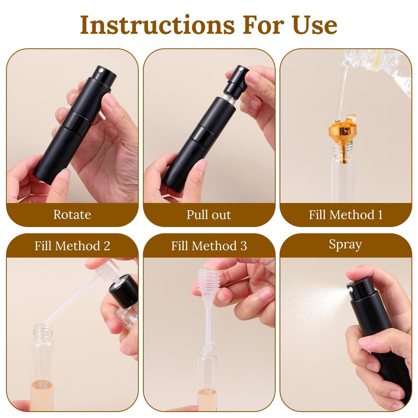 xozeooeu 15 Pack 8ML Travel Perfume Atomizer Refillable Bottles, Black Leak-Proof Cologne Sprayer with Funnels & Tools, Portable Perfume Dispenser for Women & Men