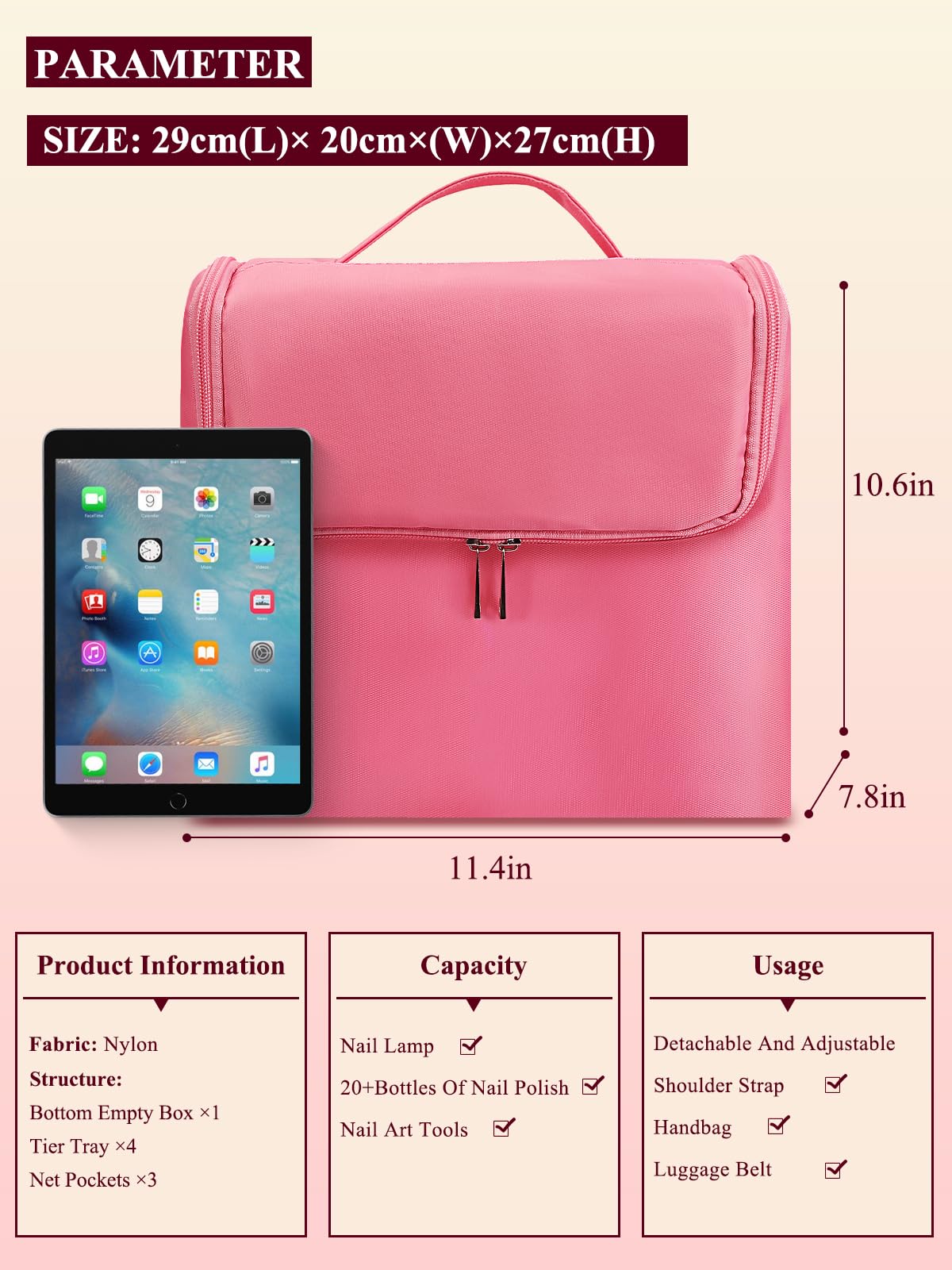 Deciniee Large Pink Makeup Nail Polish Organizer Bag, 4 Tier Professional Makeup Case, Waterproof Nylon, Travel/On-the-go Makeup Storage