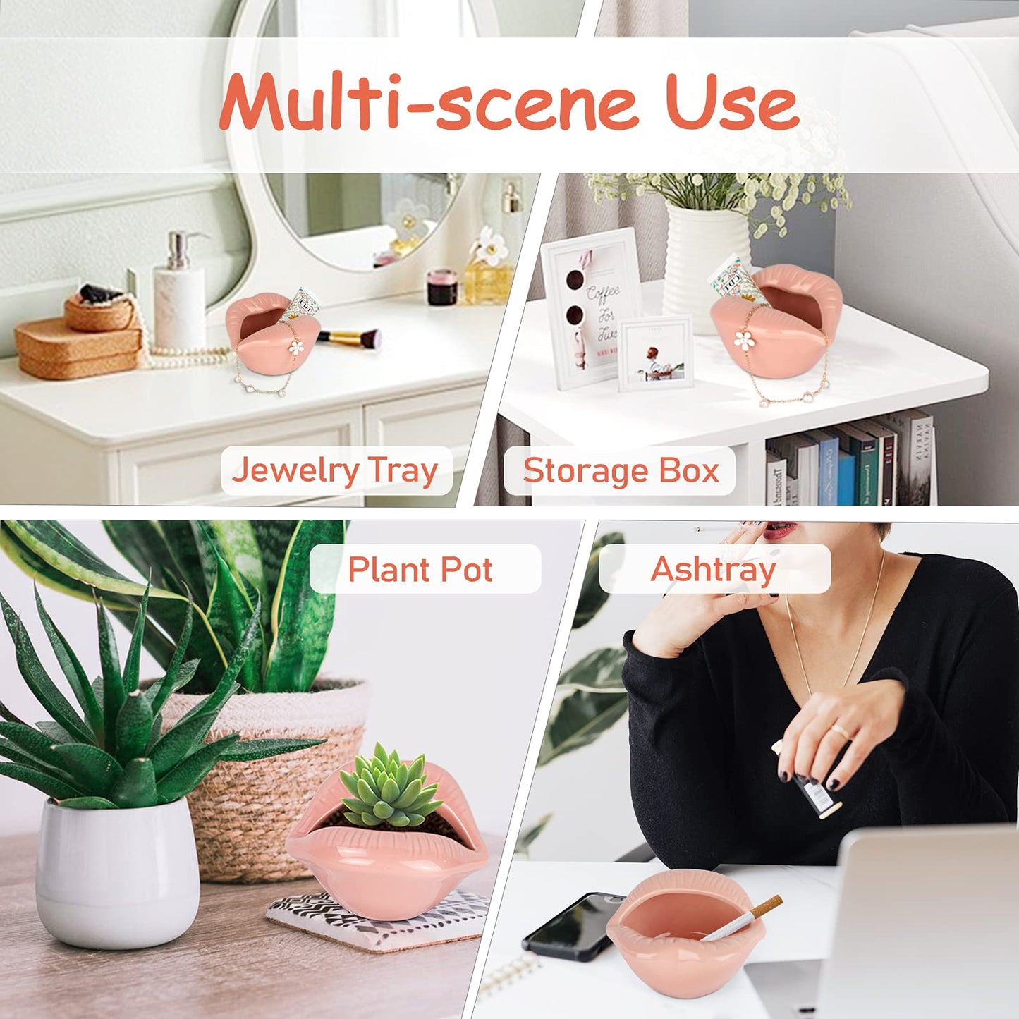 Trycooling Ceramic Red Lips Lipstick Ring Holder Jewelry Tray Rack Decorative Cosmetic Storage Display Holder Desktop Hairpin Storage Organizer Birthday Choice (Pink)