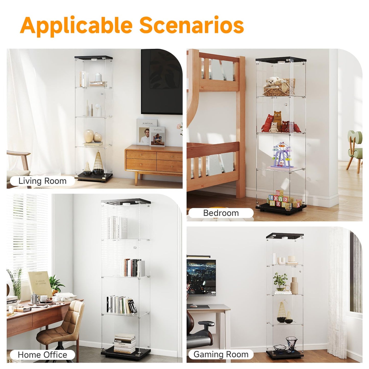 Zevemomo Tempered Glass Display Cabinet with Lights, 4-Tier Curio Cabinet with Glass Doors and Lock, Glass Display Case for Collectibles, for Living Room, Bedroom, Office, Black, Single Door