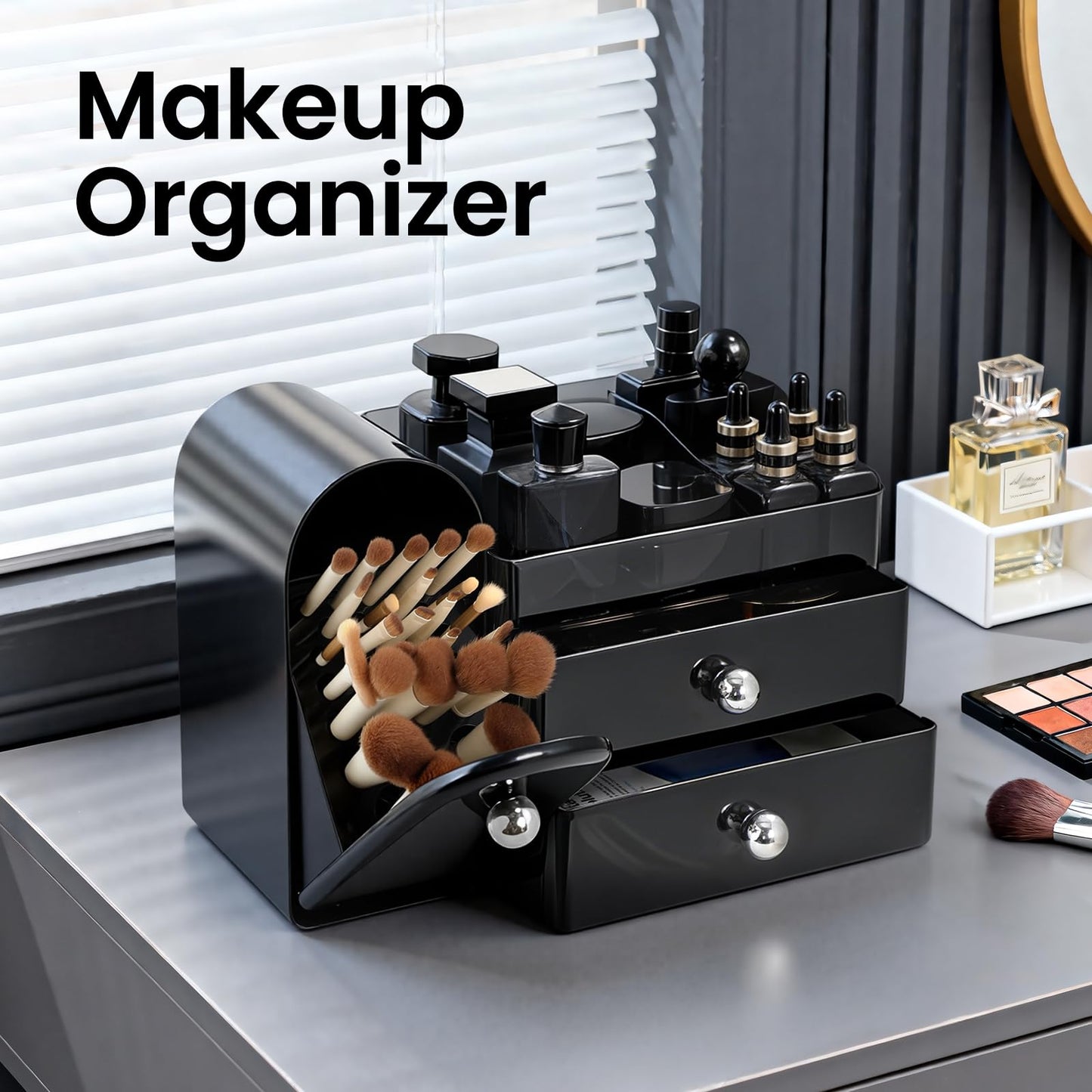 TRQWRO Makeup Organizer,Vanity Organizer with Makeup Brush Holder,Large Skincare Organizers with Drawers,Bathroom Countertop Organizer,Storage Lipstick,Perfume,Nail Polish,Beauty,Gifts for Woman