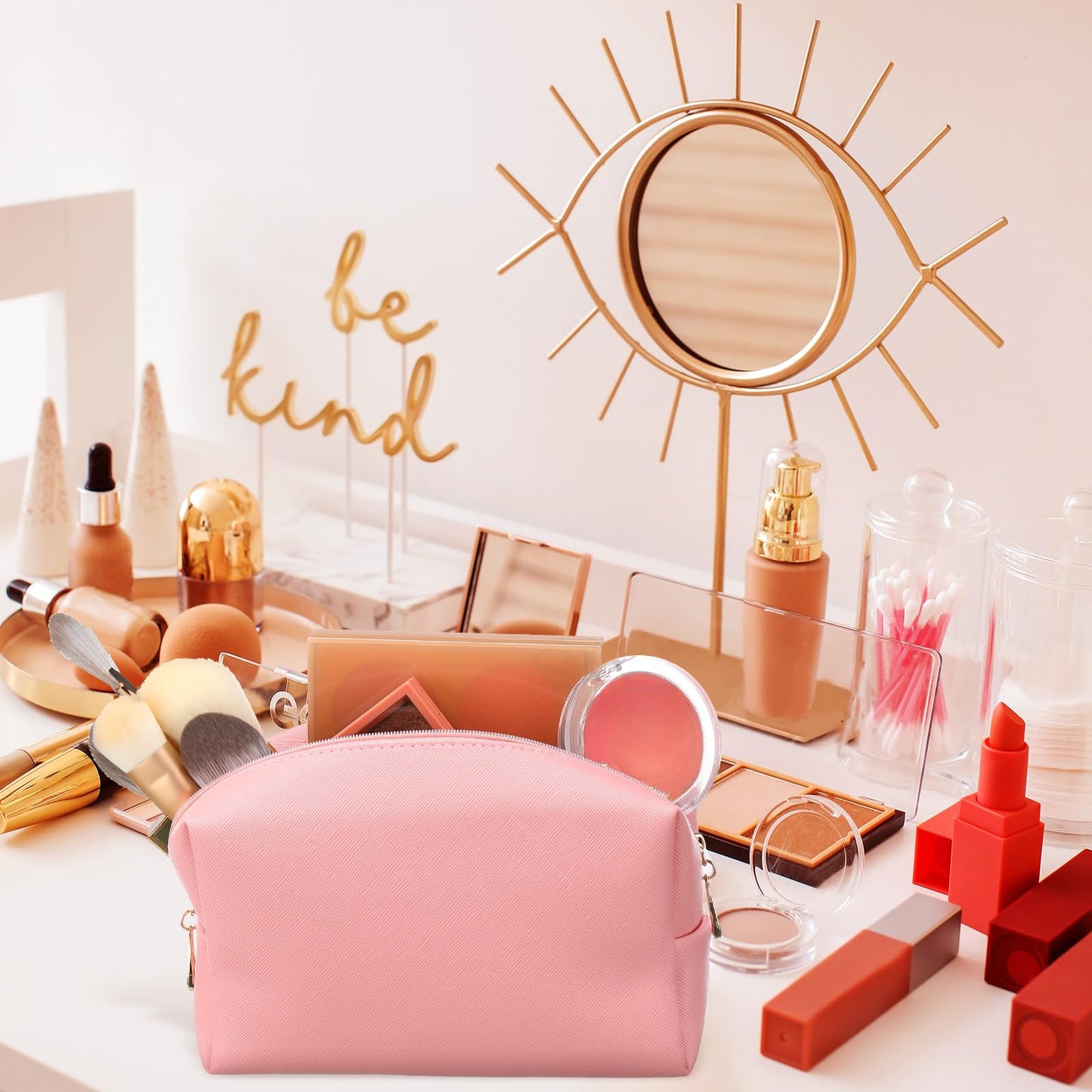 Kigeli Aesthetic Makeup Bags PU Leather Cosmetic Pouches Waterproof Plain Toiletry Bags Makeup Pouches Bulk for Women Party Gift Travel Storage Organizer(Pink,7.1 x 2.8 x 4.3 in)