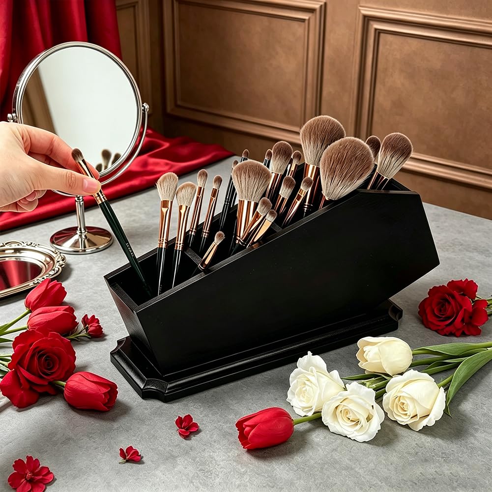 PH PandaHall Black Wood Coffin Brush Holder Vanity Makeup Organizer Pen Holder Desk Supplies Gothic Decor Witchy Accessories for Bathroom Bedroom Living Room Spooky Home Decor Gift 12.8x3.9x1.7 inch