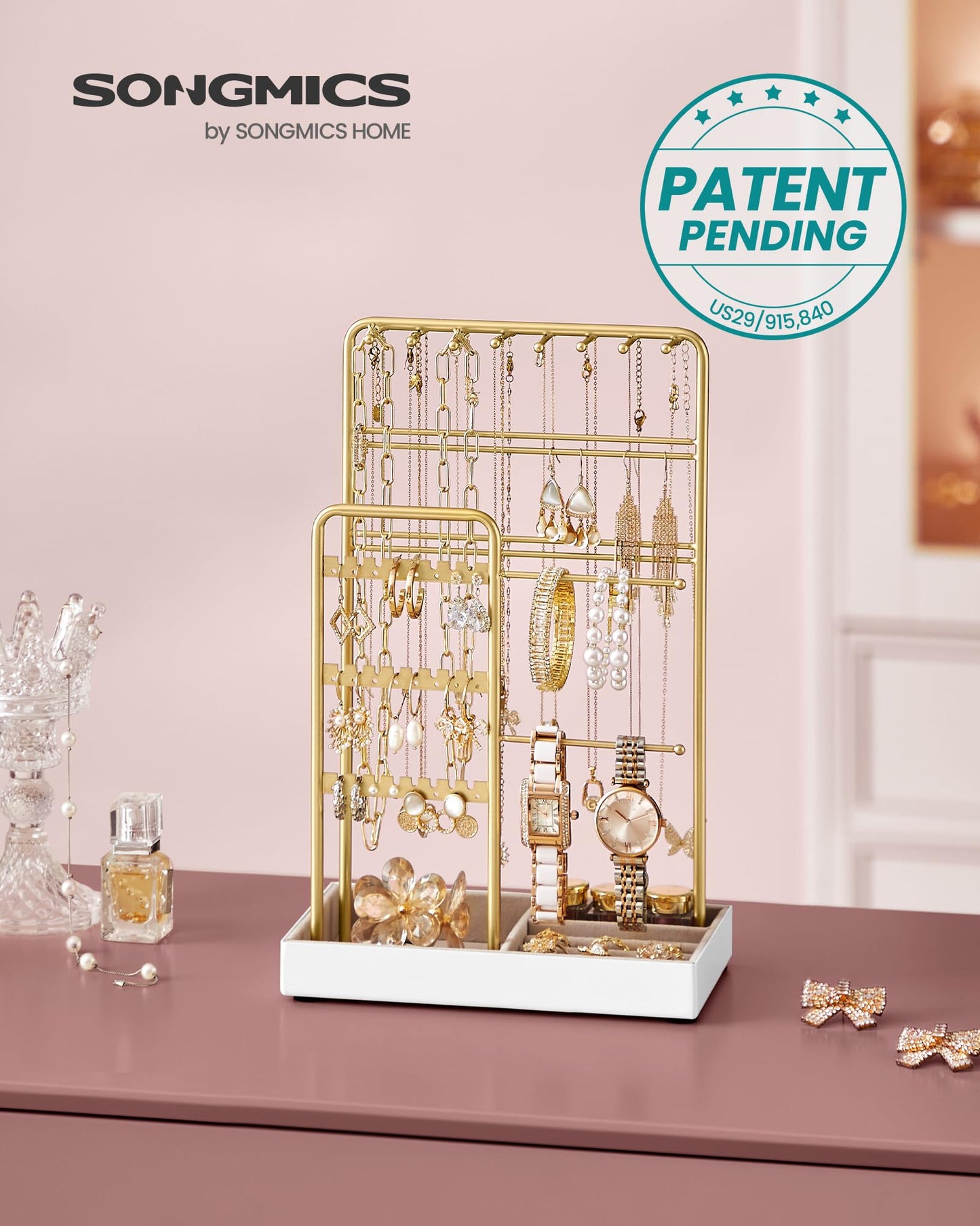 SONGMICS Set of 2 Jewelry Holders, Jewelry Organizers Display Stands with Metal Frame, Velvet Tray, Necklace Earring Bracelet Holders, for Studs, Rings, Gift Idea, Pale Gold UJJS021A01V1-2J