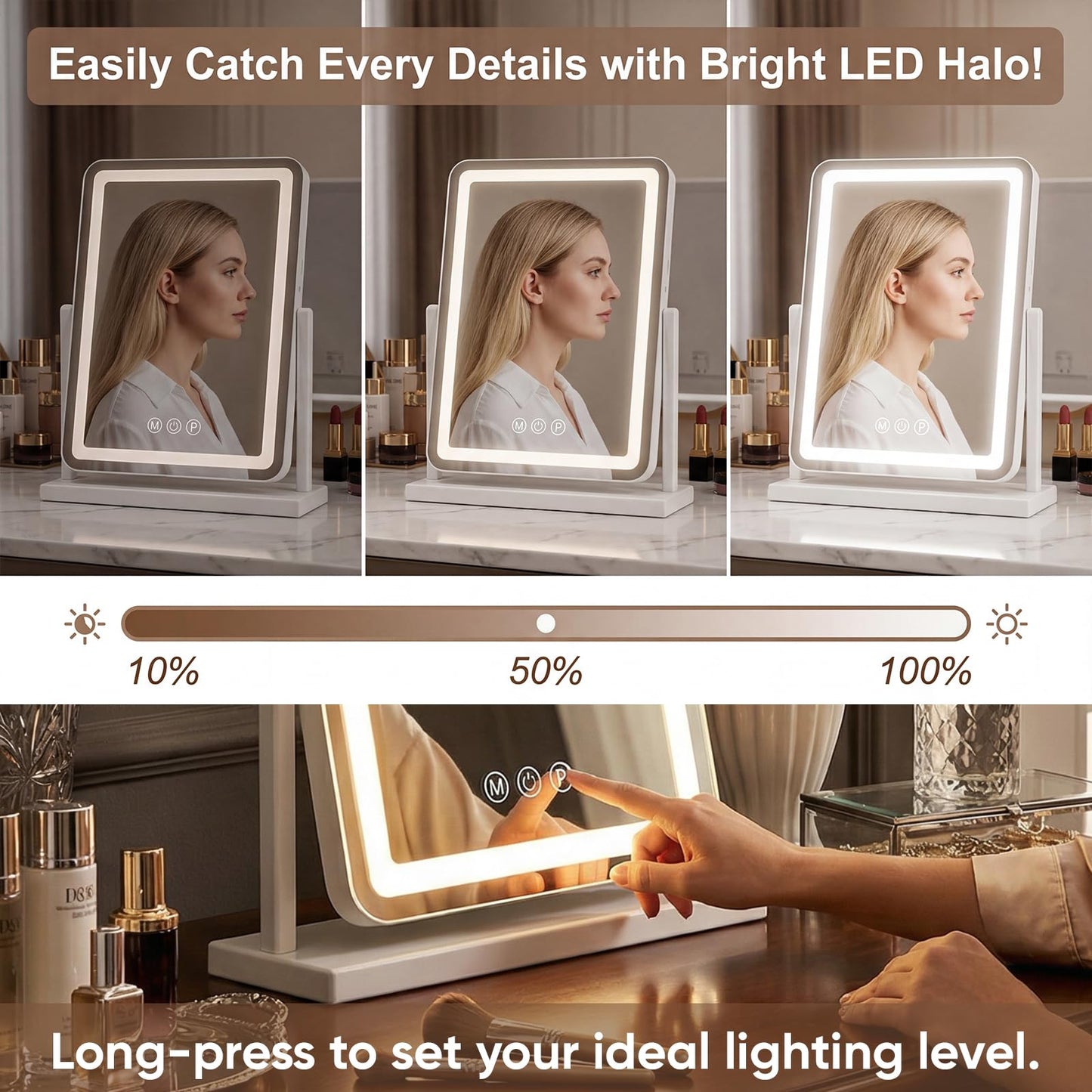 Novlux Vanity Mirror with Lights, 18"x13" Hollywood Lighted Makeup Mirror for Tabletop & Bedroom 3 Color Lighting Modes Smart Touch Control 360° Rotation Detachable