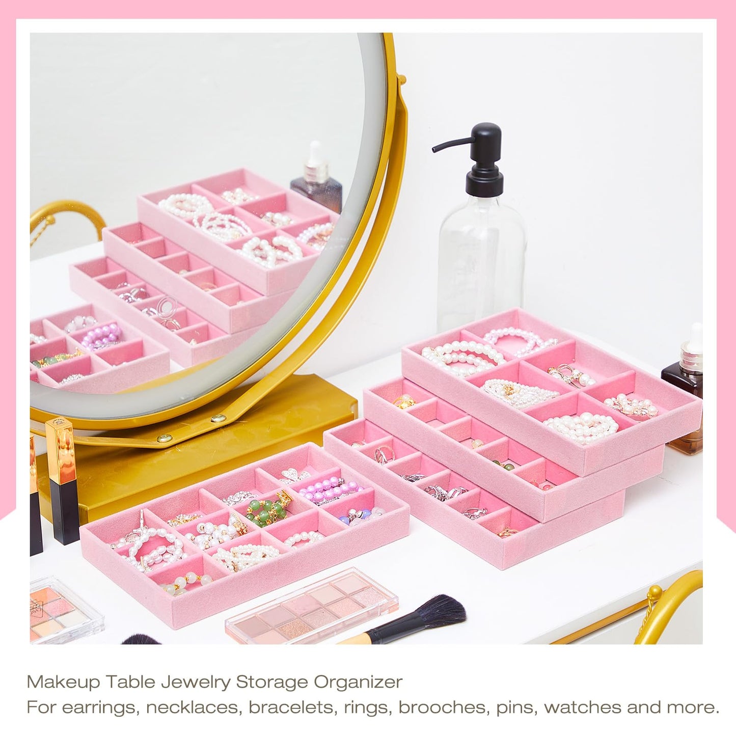 Junkin 12 Pcs Jewelry Tray Velvet Stackable Jewelry Organizer Trays Divided Earring Accessories Storage Containers Box(Pink)