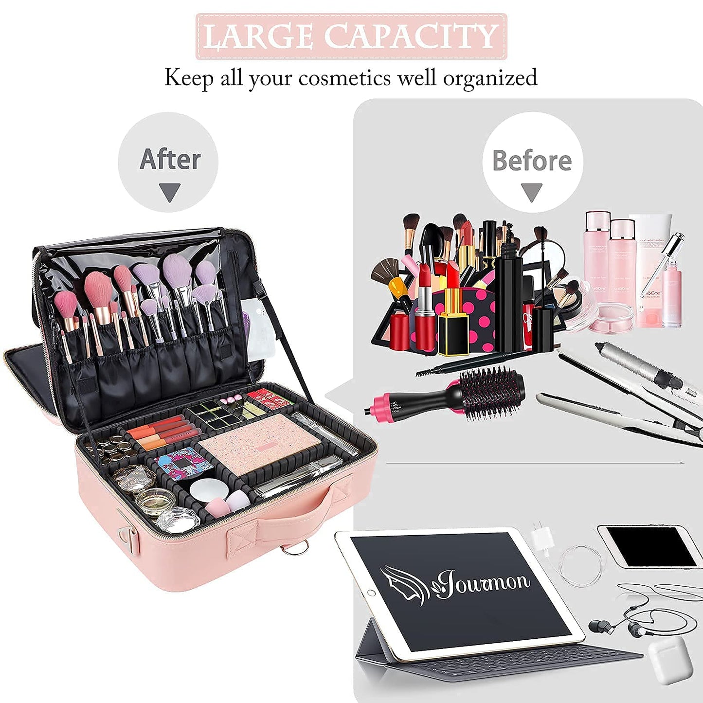 JOURMON Travel Makeup Train Case,Large Capacity Cosmetic Bags for Women,Portable Makeup Bag Organizer with Adjustable Dividers & Shoulder Strap(Pink, L)