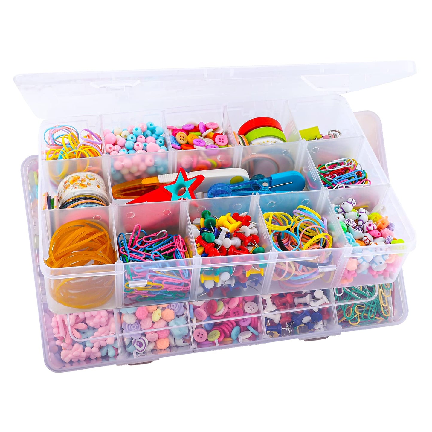 Exptolii 15 Large Grids Plastic Organizer Box with Dividers, 2 Pack Clear Compartment Container Storage for Washi Tapes Beads Crafts Jewelry Fishing Tackles, Size 11 x 6.3 x 2.2 in
