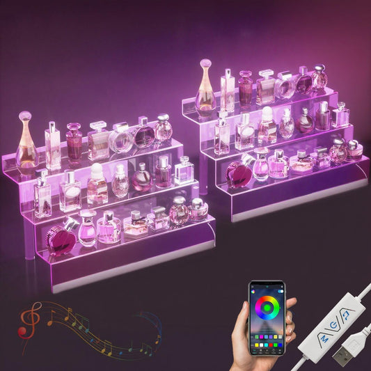 16” Acrylic Display Organizer with LED Light - 3 Tier Perfume Organizer for Women, Cologne Organizer for Men, Figures Stand, Clear Riser, Perfume Stand and Display Step Shelves Holder, 2 Pack Stands