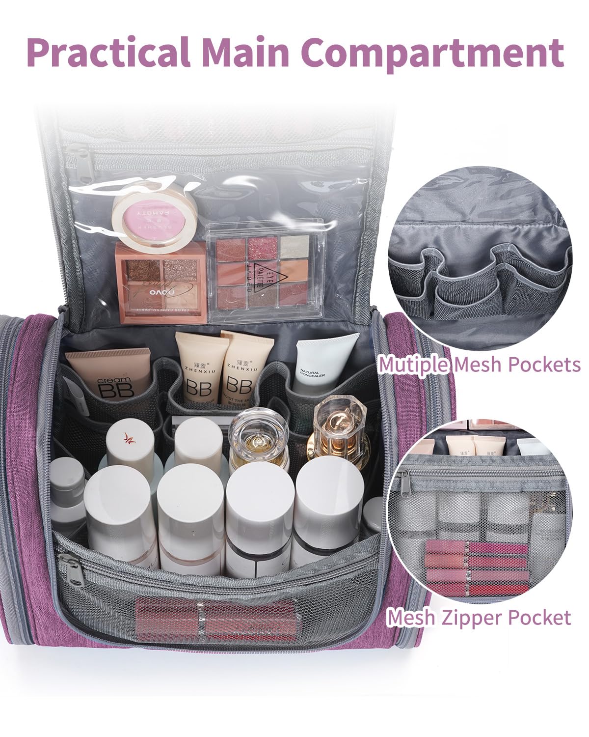 Hanging Toiletry Bag for Women Travel Makeup Bag Organizer Toiletries Bag for Cosmetics Essentials Accessories (Large, Dark Purple)