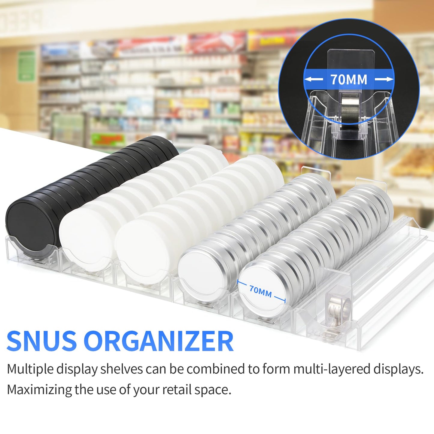 Snus Organizer for Stores，Snus Pusher ，Automatic Spring-Loaded Round-Jar Shelf Pusher，Circular Chewing Gum Display Holder（6 Pieces）