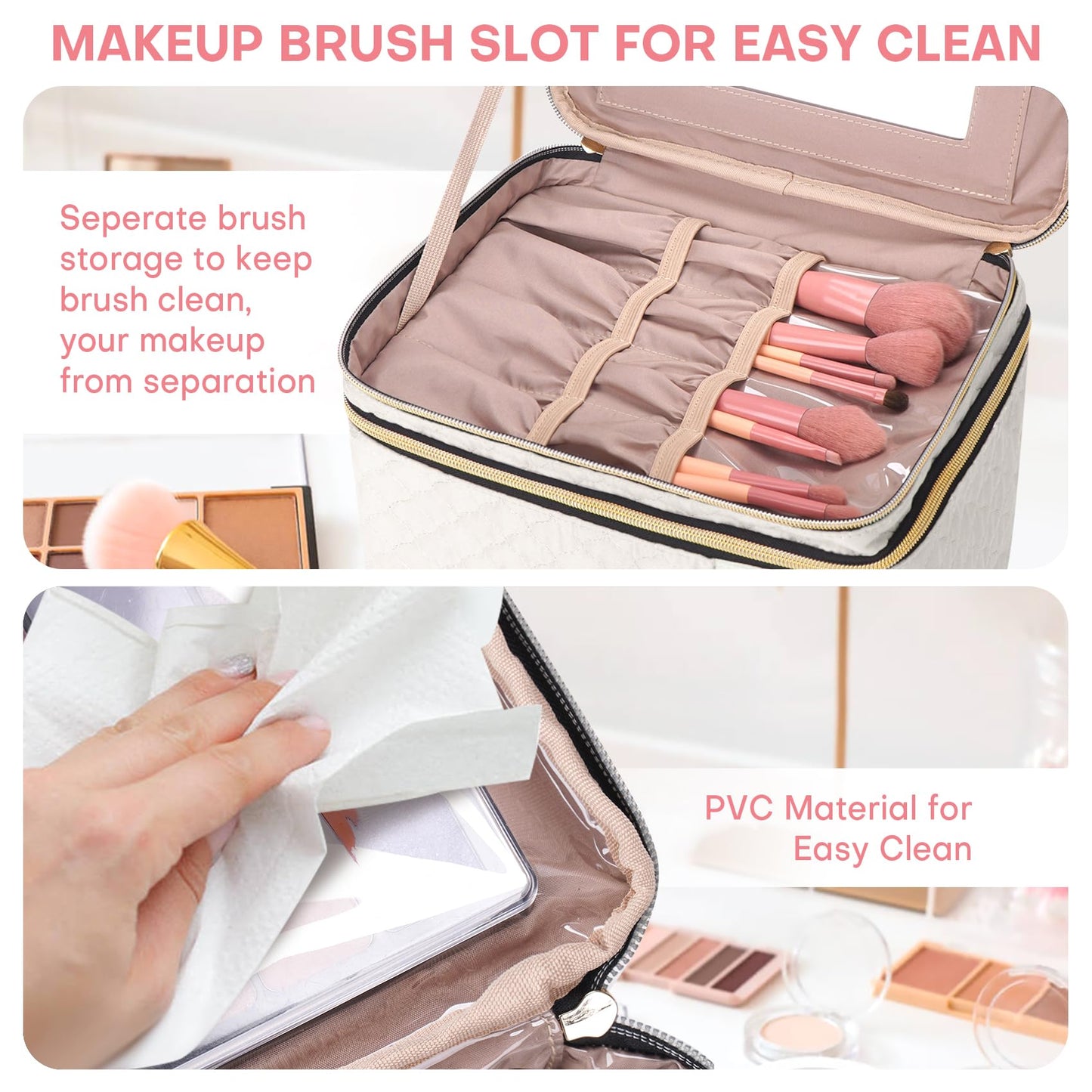 HXLGMD Large Makeup Bag with Mirror Double Layer Travel Make Up Organizer Case, Large Capacity Coemetic with Brush Slot Divider, Travel Toiletry Bag for Women - White/Beige