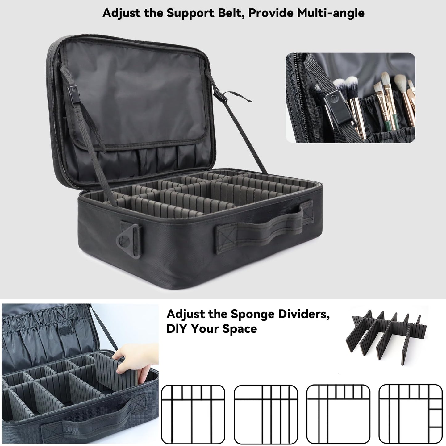 MORMID Travel Makeup Train Case Cosmetic Case Organizer Portable Artist Storage Bag with Adjustable Dividers for Cosmetics Makeup Brushes Toiletry Jewelry Digital Accessories（black,L）