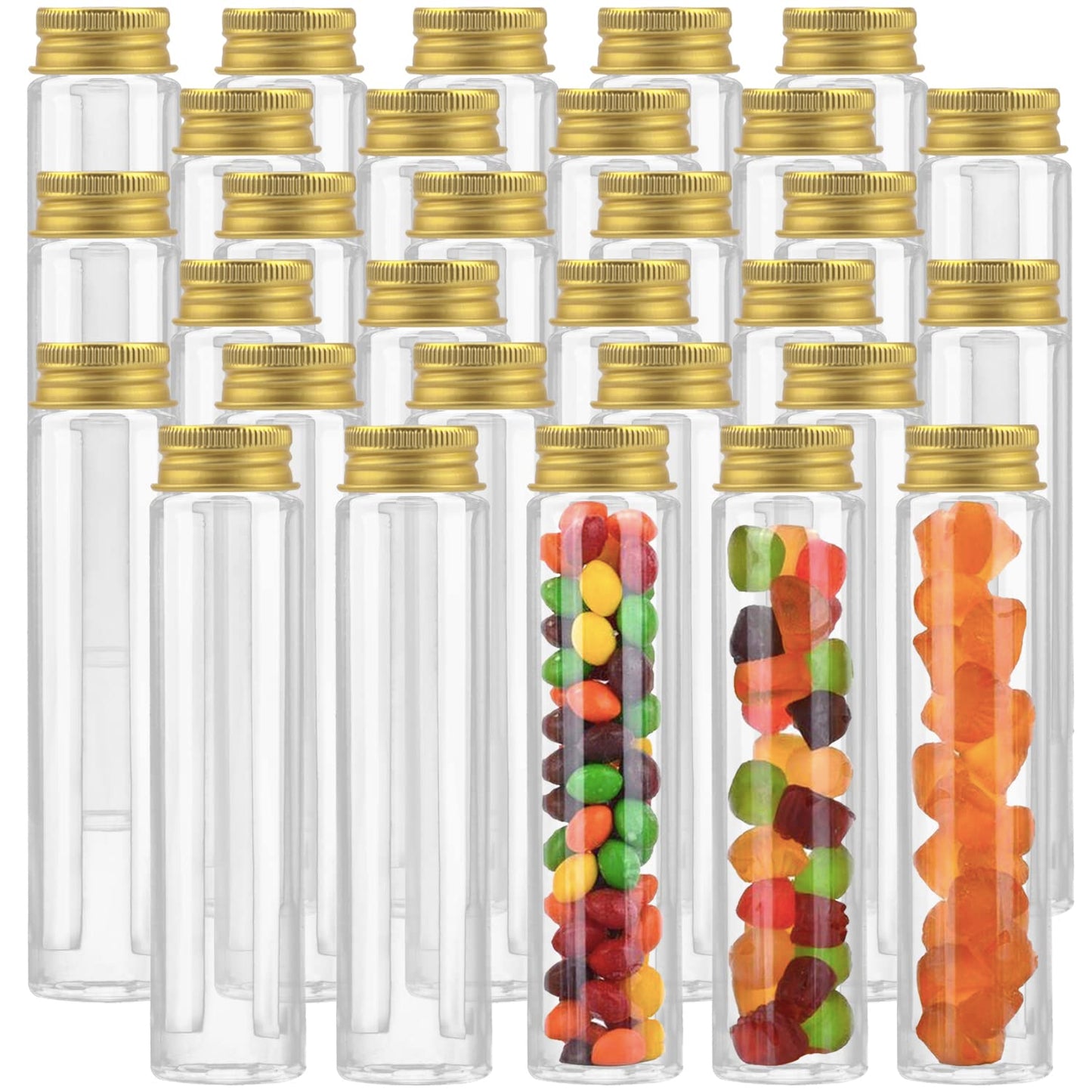 Clear Test Tube,36 Pack Clear Plastic Test Tubes Candy Tube Transparent Test Tubes with Cap,Flat Bottomed Plastic Tubes Bath Salt Container,3.7 OZ (Gold Cap)