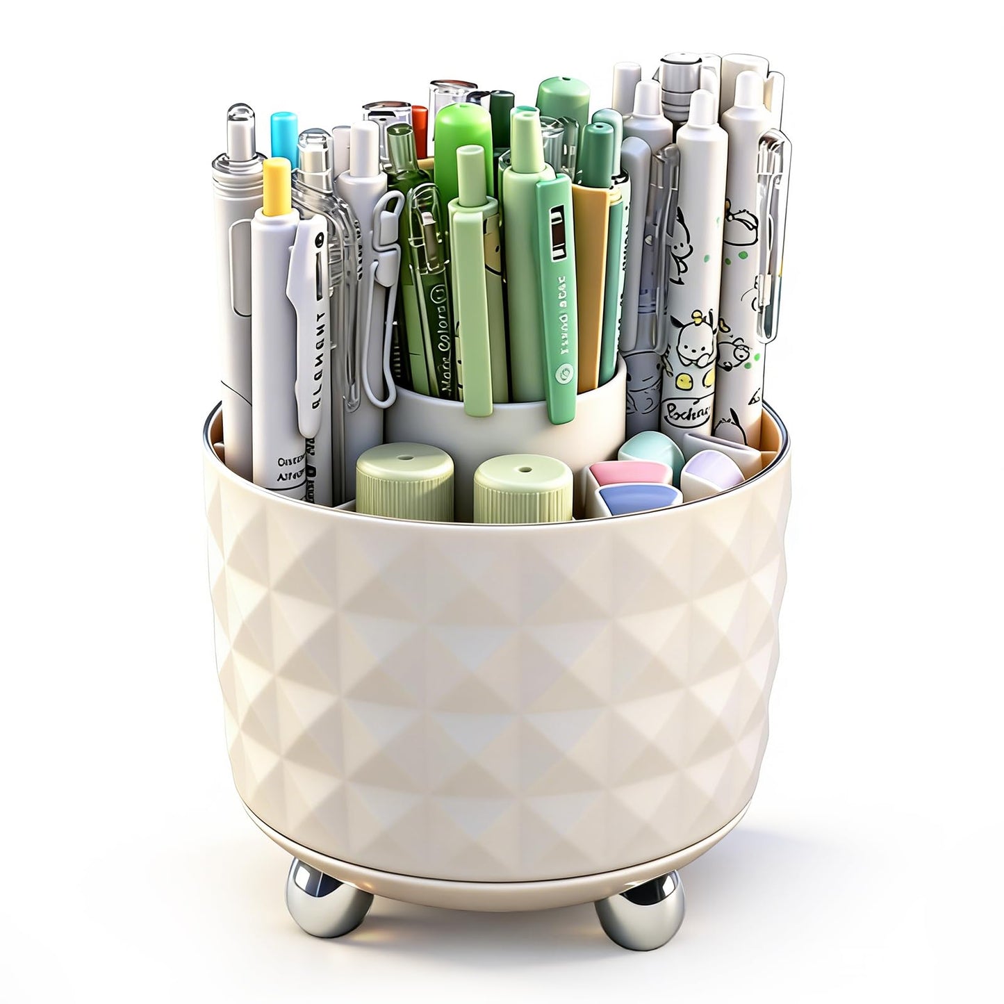 GOTOBA 360° Rotating Pencil Holder for Desk, Makeup Brush Holder with 6 Slots, Desk Organizer for Writing Utensil, Office and School Supplies (Milky White)