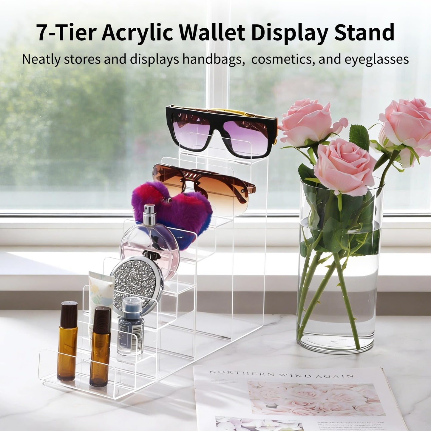 COSYOO 2 Pack 7-Tier Acrylic Wallet Display Stand, Clear Purse Organizer Rack, Tiered Riser Shelf for Sunglasses, Perfume, Cosmetics, Jewelry, Retail Counter
