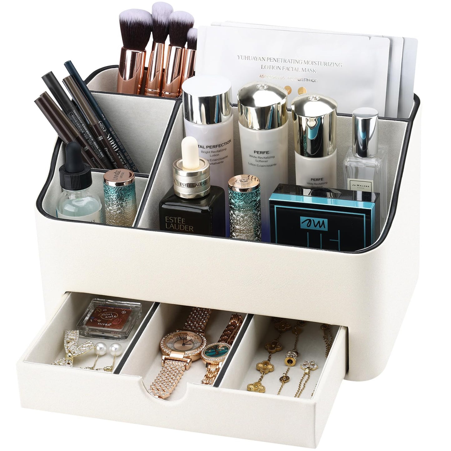 KINGFOM PU Leather Makeup Organizer with Drawer, Skincare Organizer for Vanity, Cosmetic Storage for Dresser Countertop, Beauty Holder for Lipstick Brush Skincare (Ivory White)