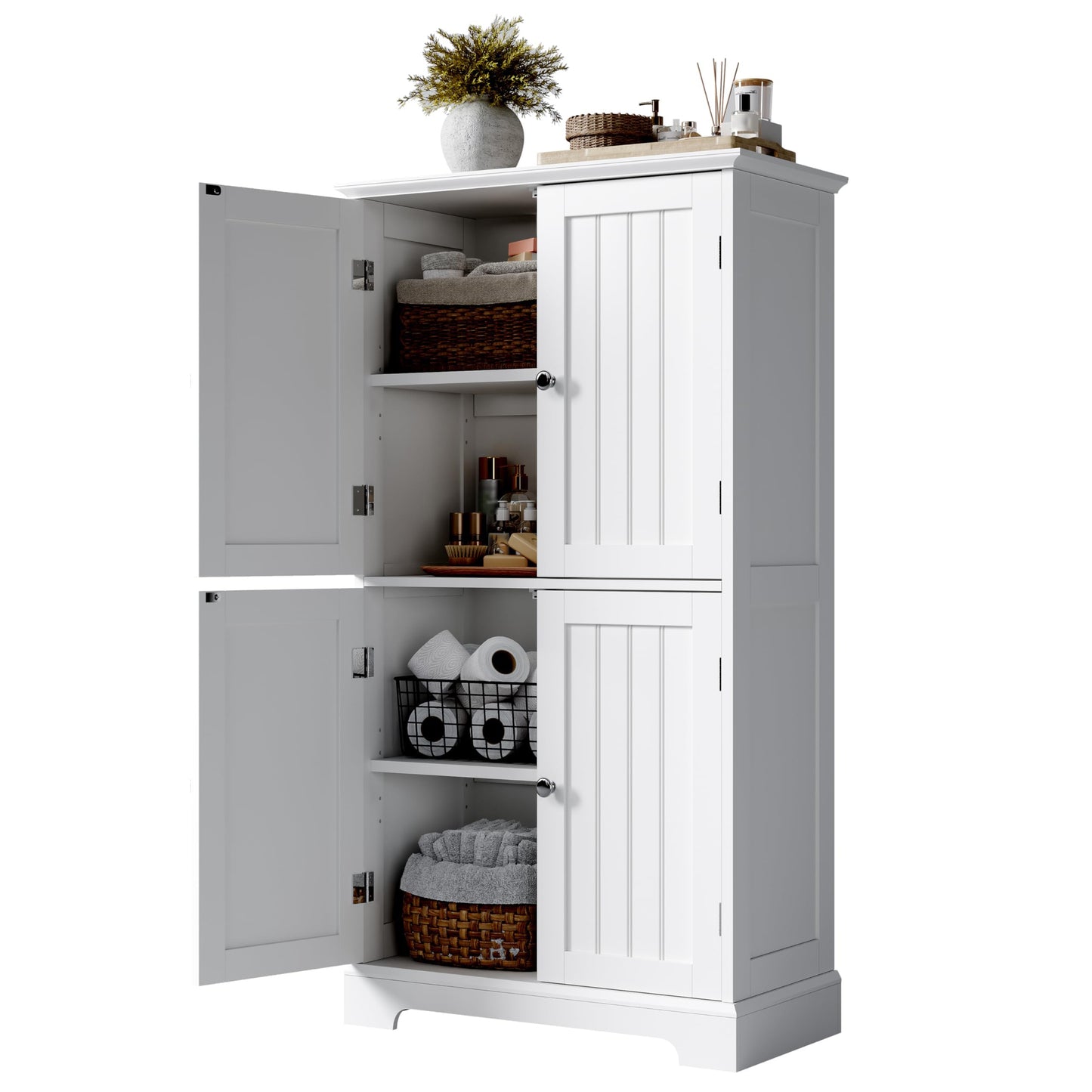 ChooChoo Bathroom Floor Cabinet, Modern Bathroom Storage Cabinet with 4 Doors and Adjustable Shelves, Freestanding Cupboard for Living Room, White