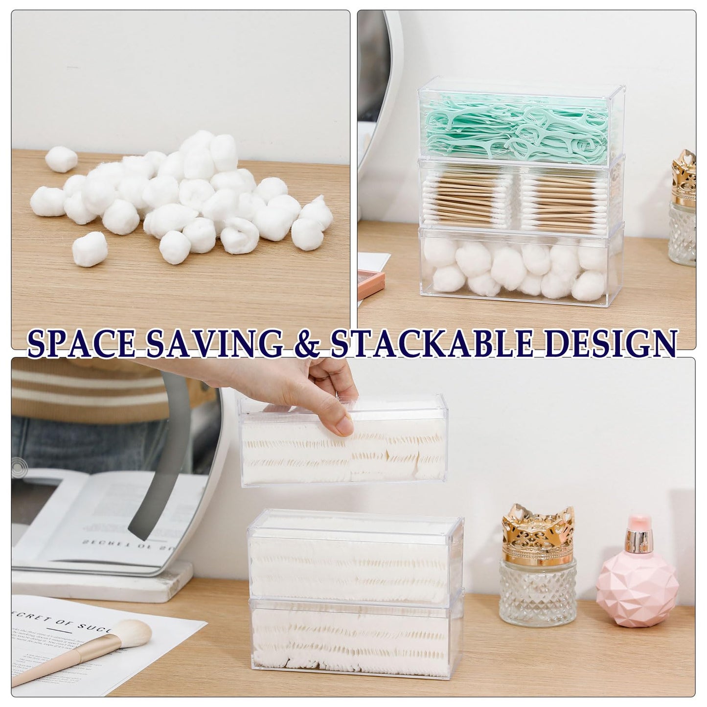 GOXITAX 3 Pack Qtip Organizer Container with Lid, Plastic Bathroom Vanity Storage Canister for Cotton Swabs and Balls, Makeup Sponges, Hair Clips, Clear Counter and Desk Drawer Holder