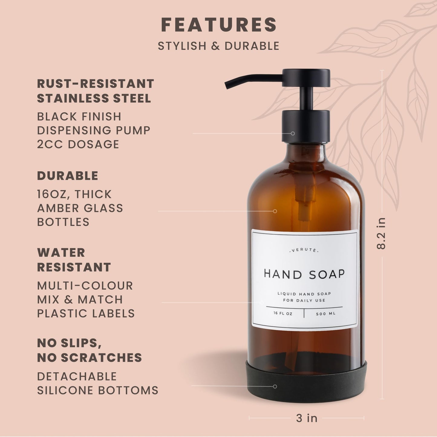 Hand and Dish Soap Dispenser for Kitchen and Bathroom, Set of 2 16 Oz Glass Bottles, Stainless Steel Pumps, Non-Slip Silicone Base, 27 Waterproof Labels (Amber Bottle/Black Pump)