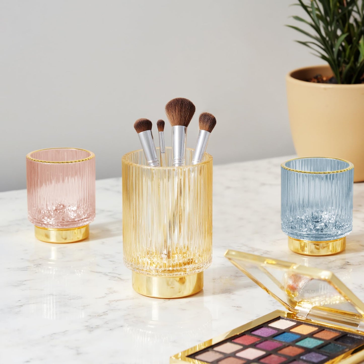 FullMeet Makeup Brush holder Organizer, Crystal Glass Toothbrush Holders, Striped Make Up Brush Holder for Vanity, Pen Holder for Desk, Vase -Blue (S+L)