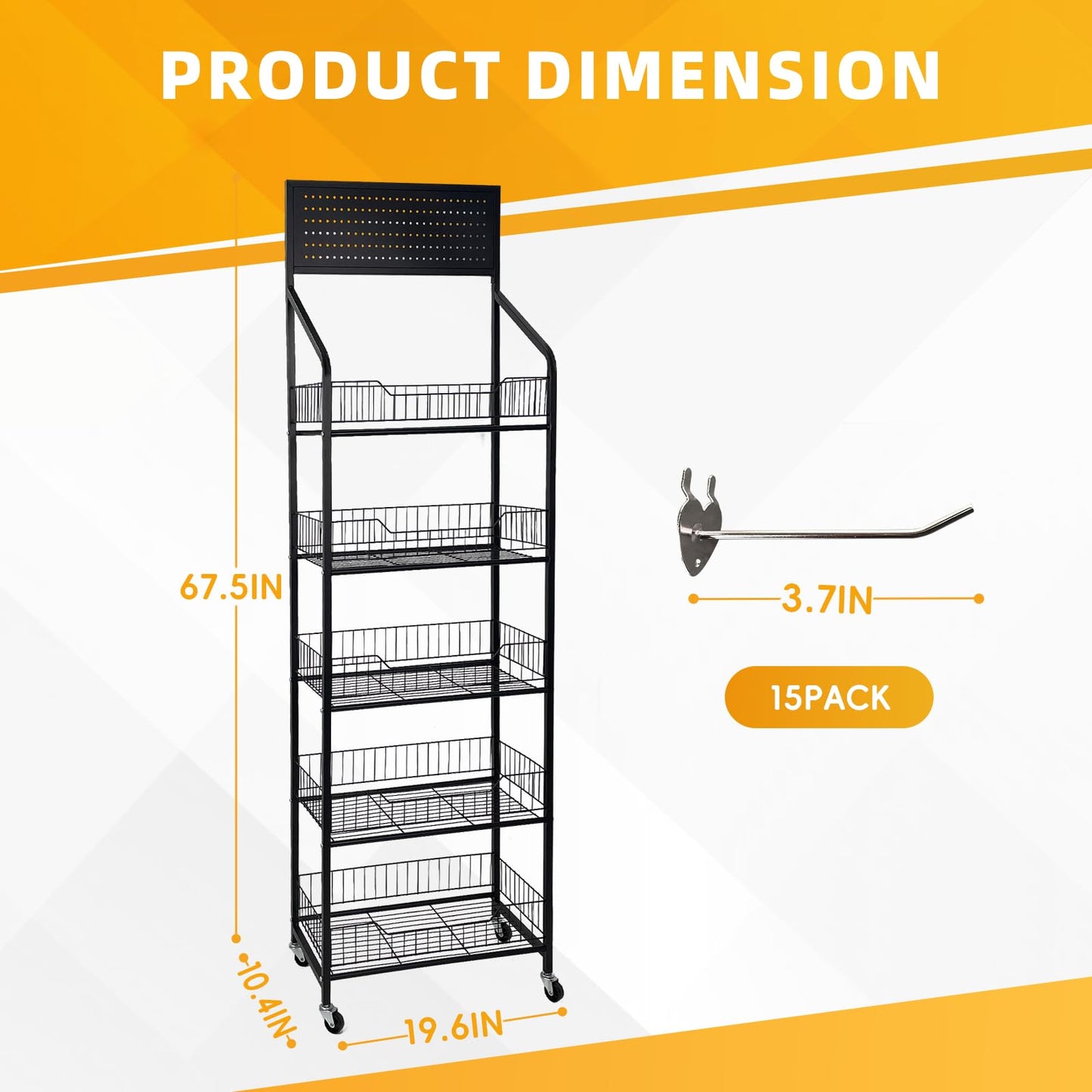 TONGMO 5 Tier Snack Rack Display Stand - Retail Display Shelves with Top Pegboard, 15 Hooks, Bakery Display Rack on Wheels for Easy Mobility and Organization (Black, 5‑Tier)