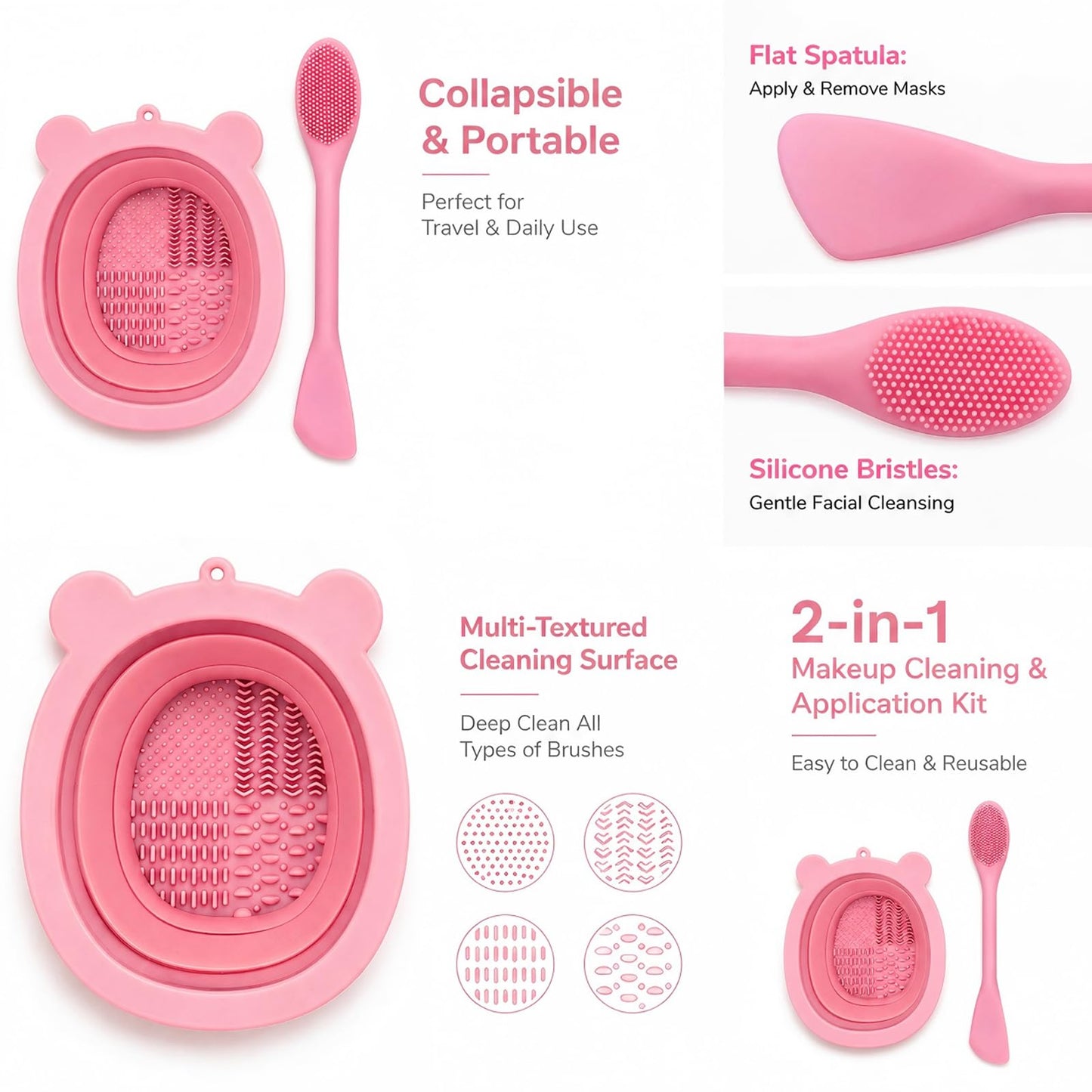 Silicone Makeup Brush Cleaner Pad with Scrubbing Textures, Bear Shape, Purple, Includes Cleaning Spatula (pink)
