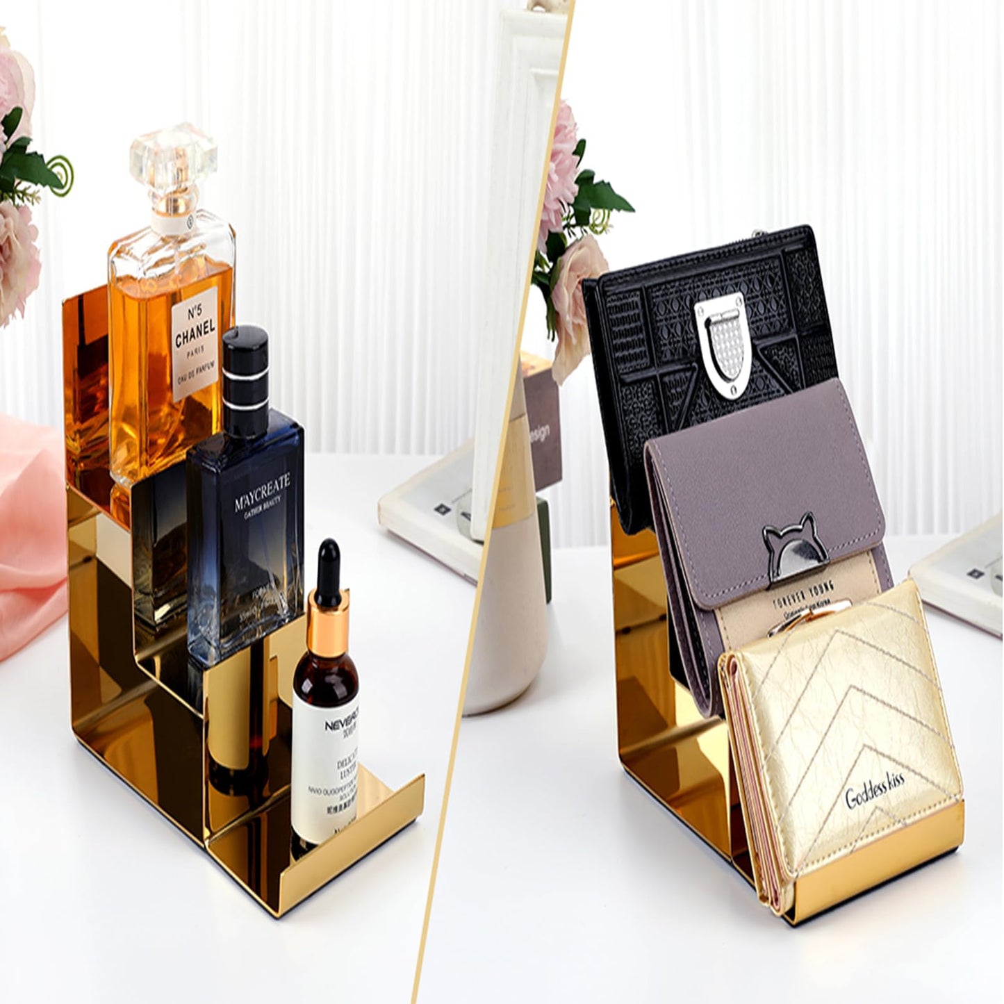 KMtilsh Gold Purse Display Stand,2pack Wallet Display Stand,3Layer Stainless Steel Heavy Duty Handbag Display Rack for Wallet, Perfume, Sunglasses Display