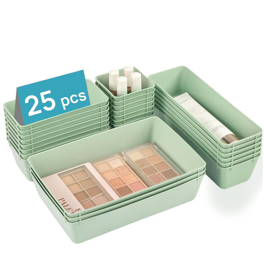 Vtopmart 25 PCS Plastic Drawer Organizers Set, 4-Size Versatile Bathroom and Vanity Drawer Organizer Trays, Storage Bins for Makeup, Bedroom, Kitchen Gadgets Utensils and Office