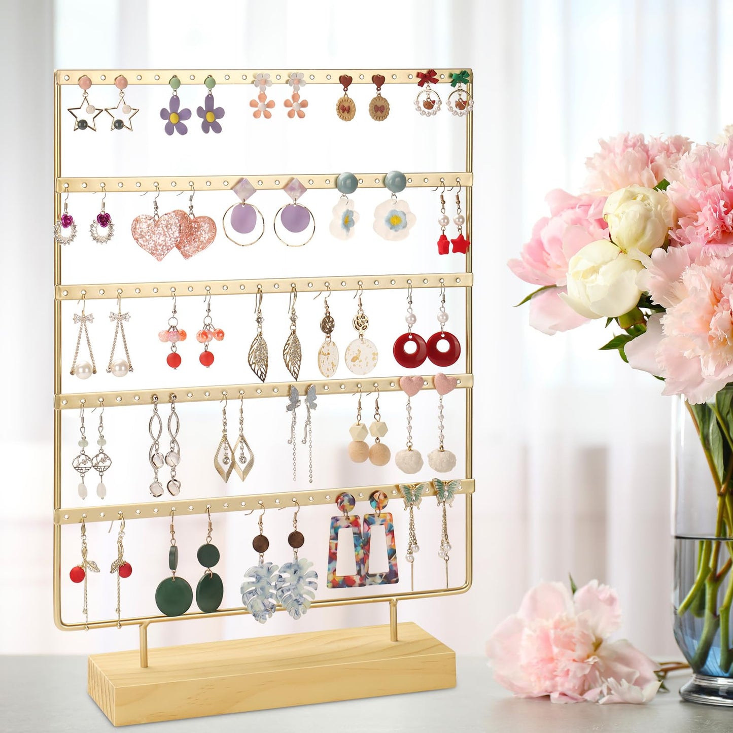 RUINENGDA Jewelry Organizer, 5 Tiers Earring Organizer with 120 Holes for Storing and Displaying Earrings of Various Styles, Models and Sizes, Removable Wooden Base for Home and Store Use