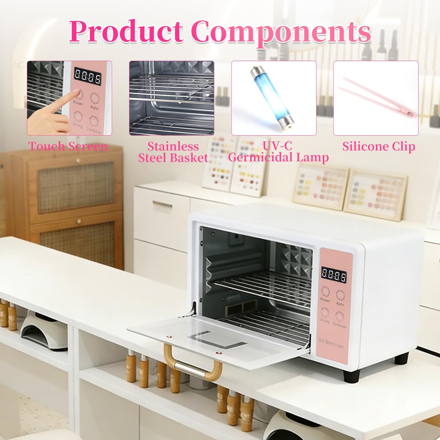 heemeei Nail Tool Sterilizer, 10L Double-layer Large Sterilizer for Nail Tools, Multi-Functional Manicure Tool Cleaner Cabinet with Timer Setting for Home Use, Barbers, Beauty Salons, and Spas(Pink)