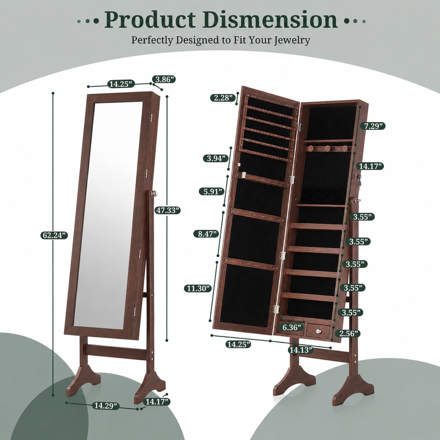 Freestanding Jewelry Armoire Cabinet, 47.3" Full Length Mirror Jewelry Organizer, Lockable Standing Jewelry Storage Cabinet with Velvet Lining, Makeup Organizer with Adjustable Angles (Brown)
