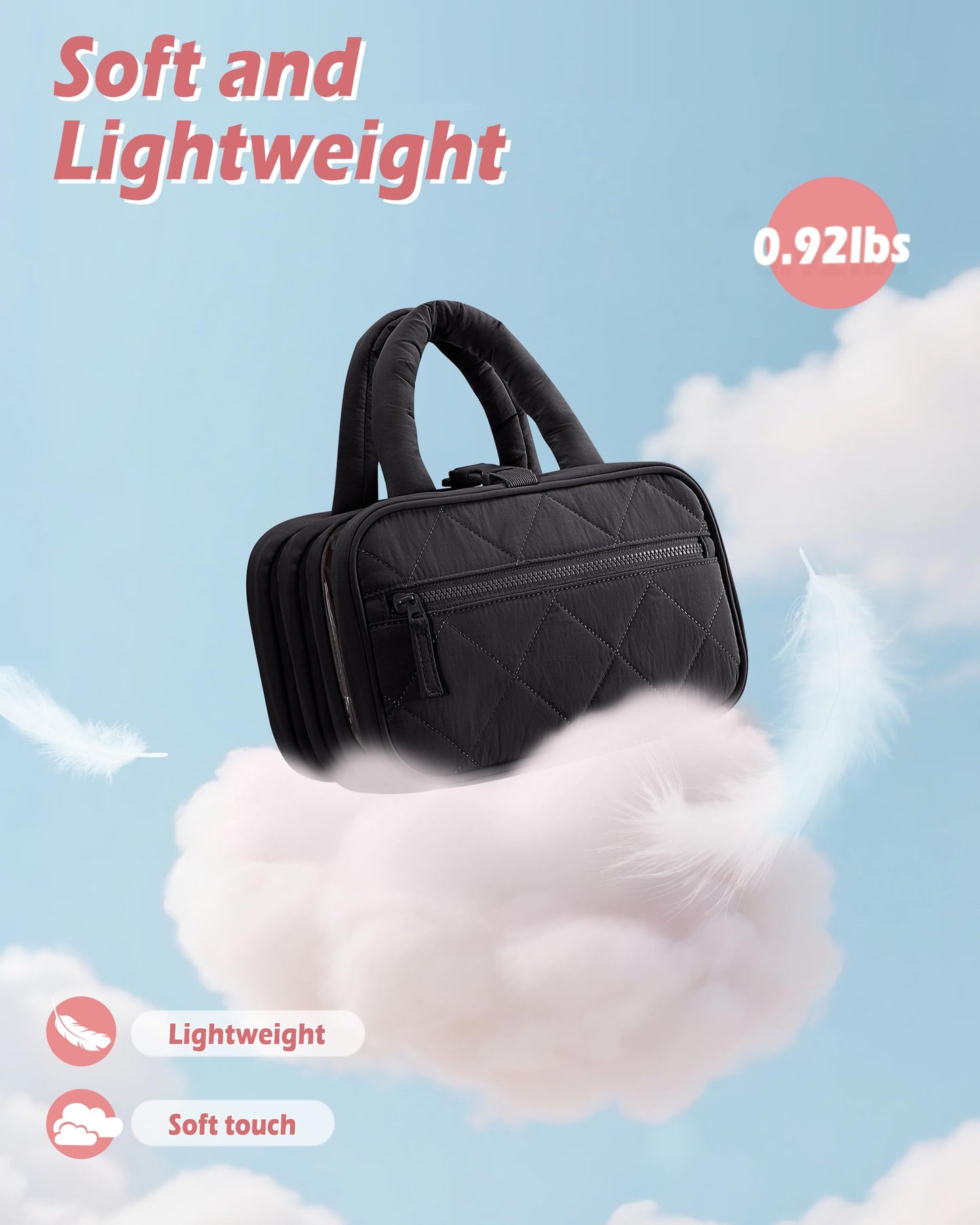 Marscamd Travel Toiletry Bag for Women with Hanging Hook, Puffy Makeup Organizer with Brushes Slots for Bathroom, Shower and Beauty Essentials, Black